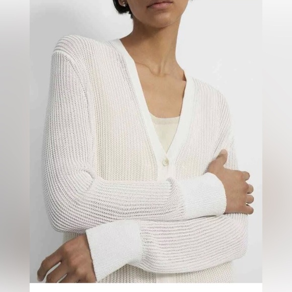 Theory Sweater Cardigan, White, small, MSRP $345 button up sheer ribbed - Picture 2 of 5